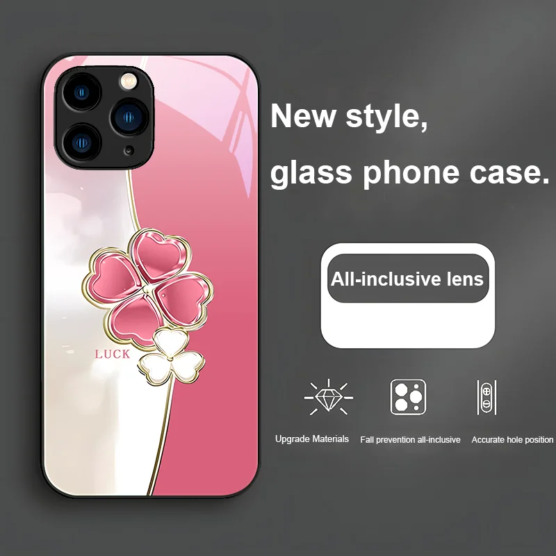 Four leaf clover deep purple grey for Iphone 15 14 13 12 11 Pro Max X XS XR 7 8 Plus 2020 2022 SE Tempered glass phone case