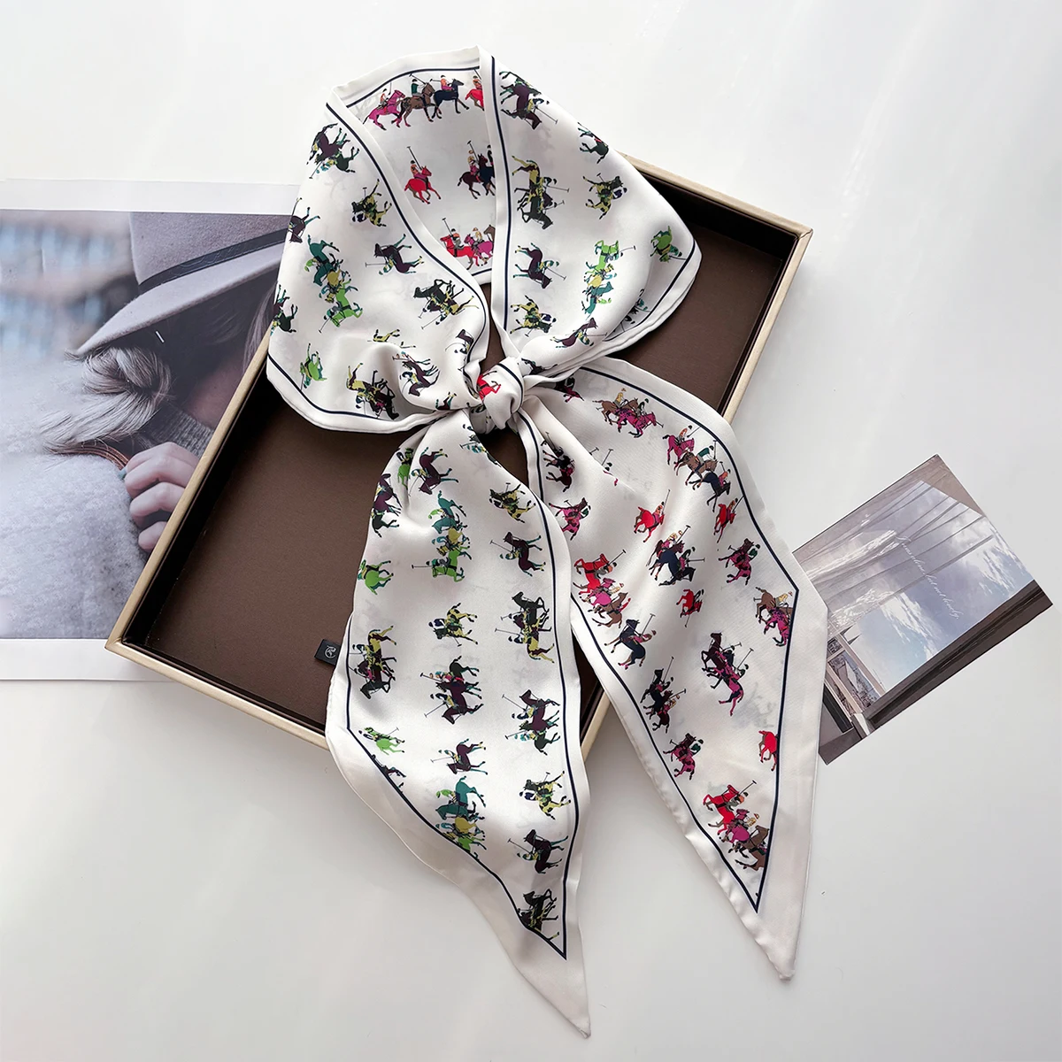 Long Silk Bag Tie Neck Skinny Scarf Hairband Foulard Horse Print Brand Lady Neckerchief Ribbon Spring New