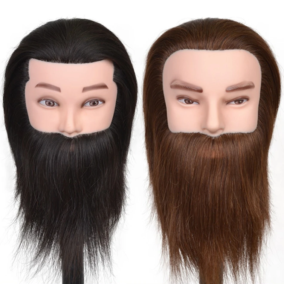 100% Human Hair Male Mannequin Head With Hair Beard Practice Manikin Hairdresser Cosmetology Training Doll Head For Hair Styling