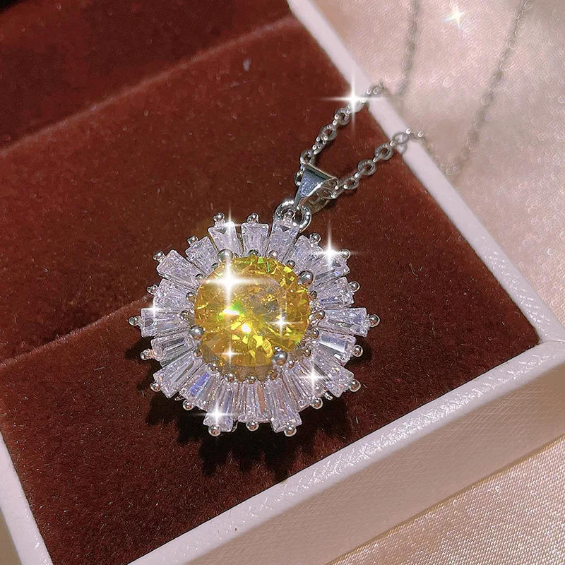 925 Silver Shiny Yellow Master Zircon Sunflower Ring Stud Necklace Set Three Piece Ladies Party Birthday Jewelry Bridal Gift