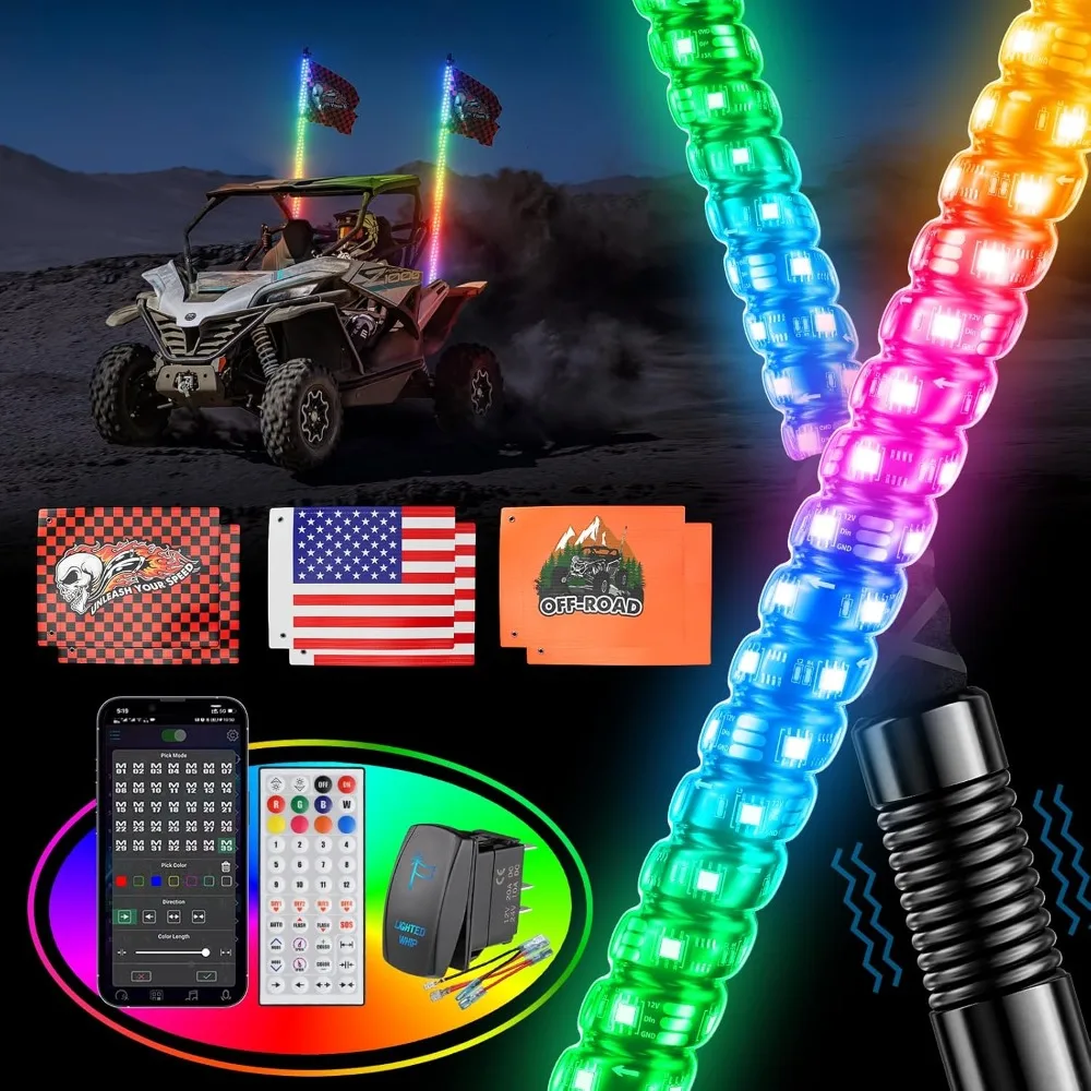 

2PCS 3FT Whip Lights for UTV ATV with Spring Base, Tripled Brighter Led Whip Light W/Rocker Switch & 6 Flags