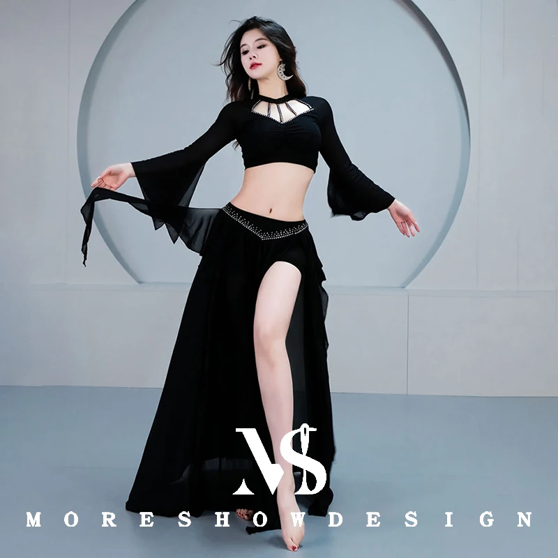Costumi di danza del ventre Set per donna Abbigliamento da ballo con nastro a foglia di loto Top + gonna Abiti a maniche lunghe Abiti per spettacoli teatrali