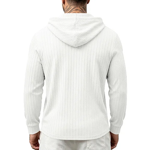 Men Henry Hoodie Sweatshirt, Button Half Placket Jacquard Textured Pullover, No Drawstring Kangaroo Pocket Casual White Hoodie