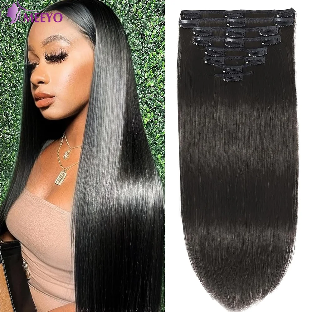 Clip In Hair Extension Brazilian Straight Full Head Double Weft 100% Real Human Hair Natural Black Color Clip Ins 16-26 Inches