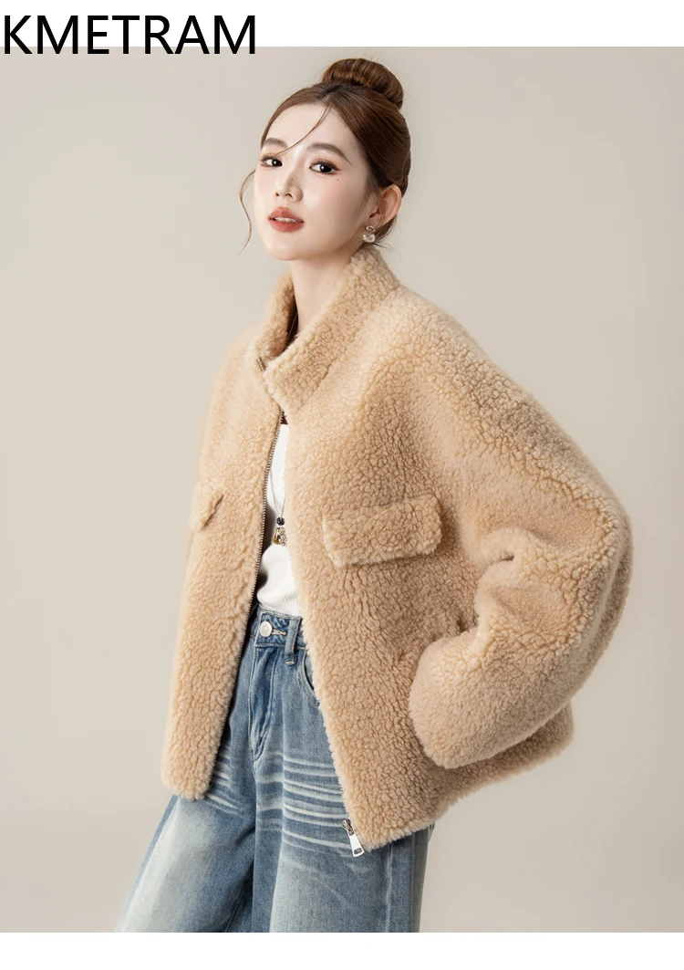 KMETRAM Pelzmantel aus 100 % natürlicher Wolle für Damen, kurz, täglich, Stehkragen, Freizeitmantel – 2025, Herbst, neuer Stil, Beij