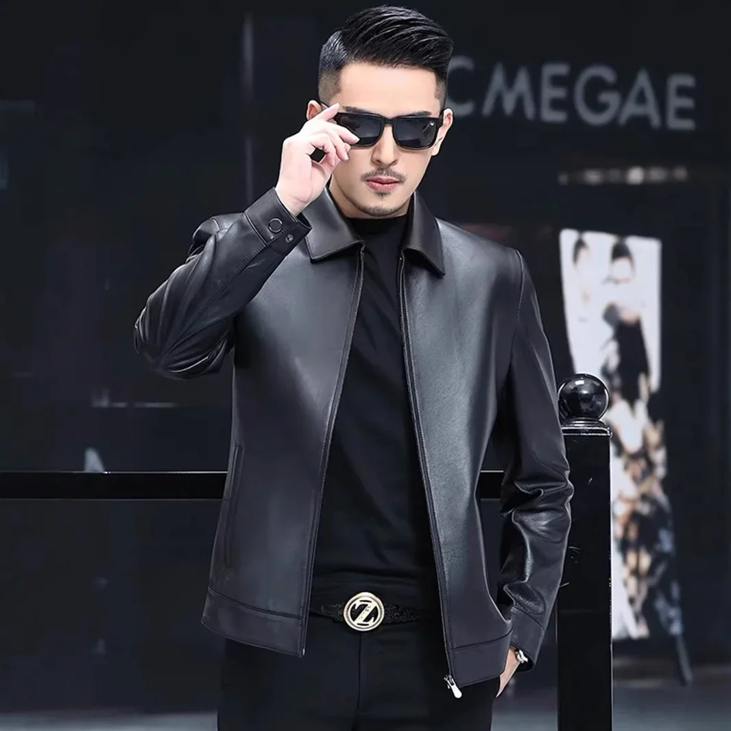 

New Men's Leather Jacket Business Casual Lapel Spring and Autumn Thin Single-pack Middle-aged High-end Leather Jacket