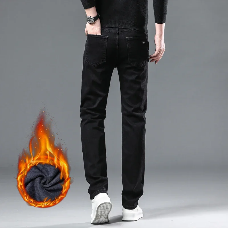 Pantalones vaqueros de lana de invierno para hombre, pantalones vaqueros informales de negocios cálidos de pierna recta de terciopelo clásico, pantalones de trabajo negros a la moda