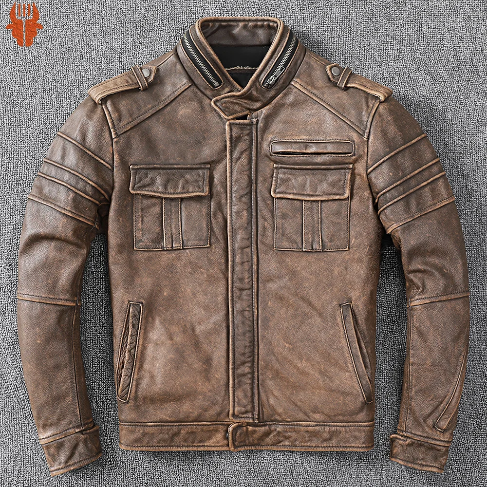 

New Men Cowhide Coat Male Genuine Leather Jacket Vintage Style Man Motorcycle Biker Clothes Thick Calfskin Real Learher Coats