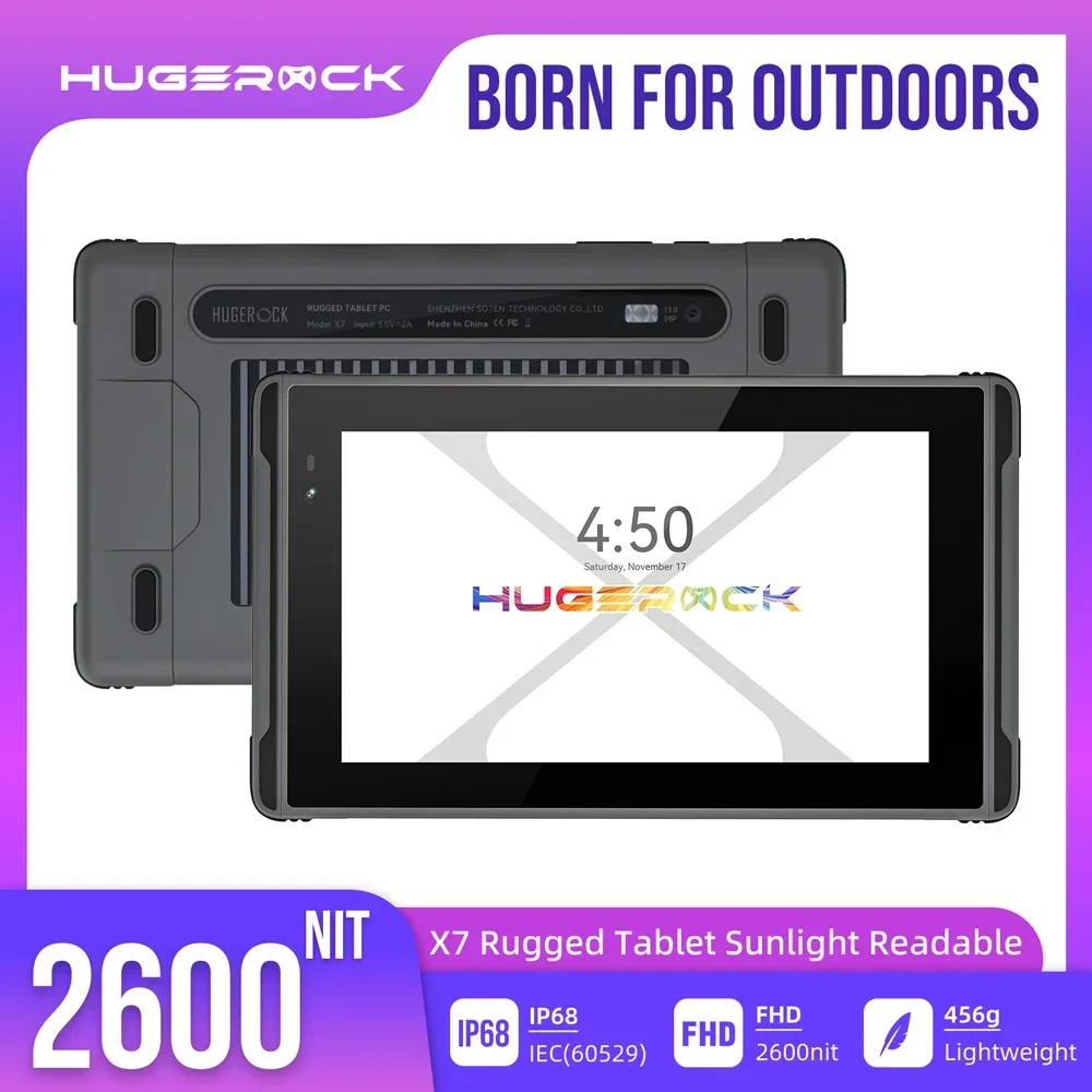 HUGEROCK X7 Android Tablet 7 Inch Waterproof Rugged Tablets 8GB+128GB, 2600Nits Sunlight Readable 1920X1080 FHD Screen Dual Card