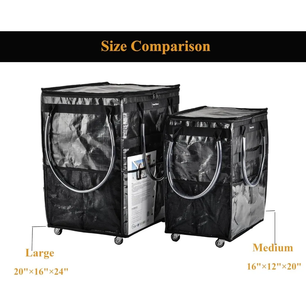 รถเข็นช้อปปิ้งแบบมีล้อขนาดใหญ่พร้อมดีไซน์พับได้ ที่จับแบบรับน้ำหนักได้มาก และช่องเก็บของด้านนอกสำหรับใส่ถุงช้อปปิ้งแบบใช้ซ้ำได้