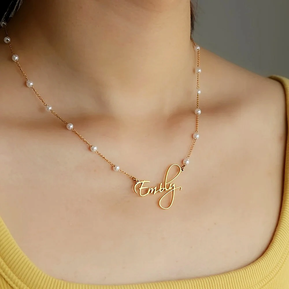 

Custom Name Necklaces For Women Stainless Steel Imitation Pearl Chain Customized Necklace Pendant Personalized Neck Jewelry Gift