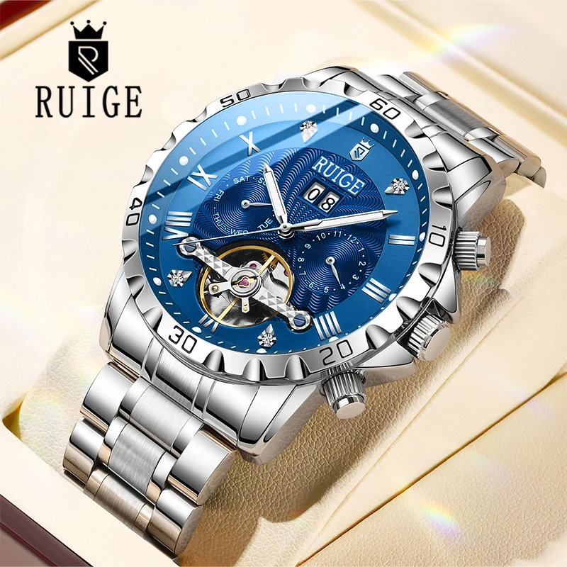 ruige-多機能全自動機械式時計メンズ中空ステンレス鋼高級時計ナイトライト防水トレンドワ