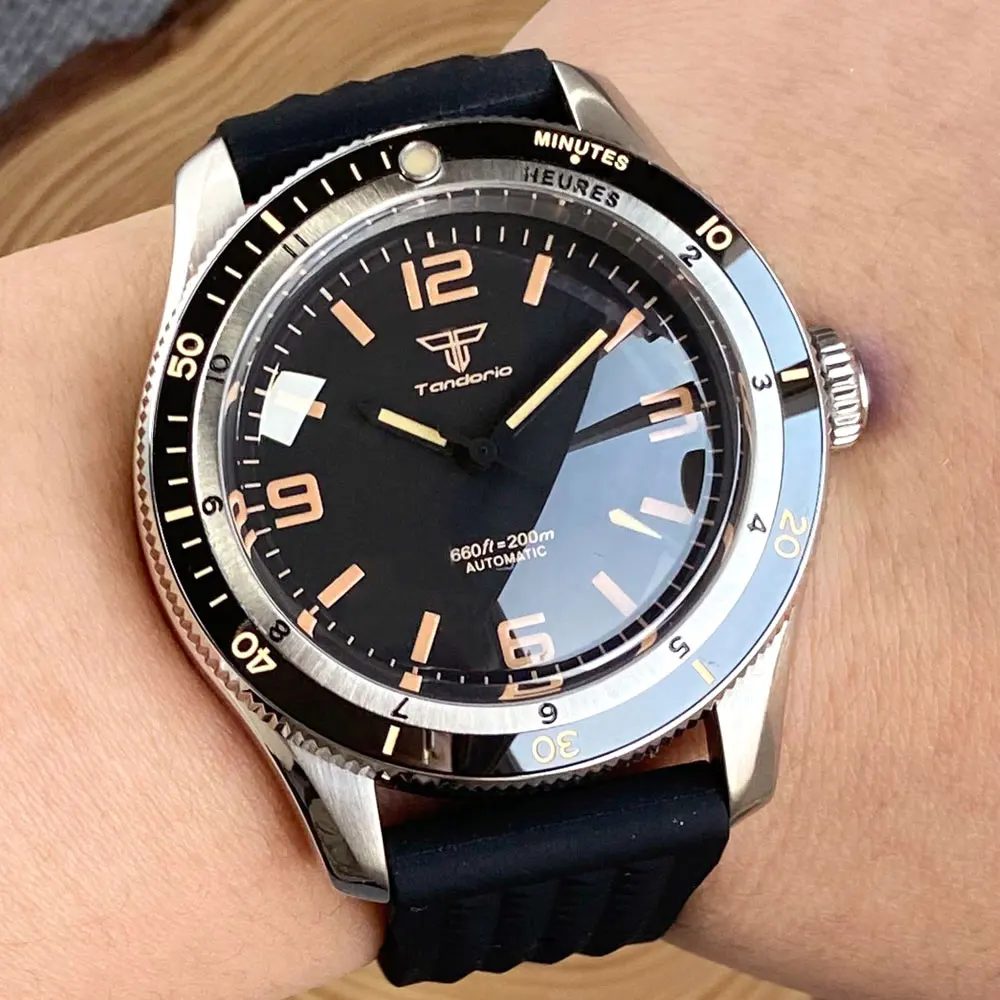 Tandorio Japan NH35A PT5000 Mechanical Mens Watch 20BAR Waterproof Sapphire Luminous Red Black Dial Stainless Steel Bracelet image 3