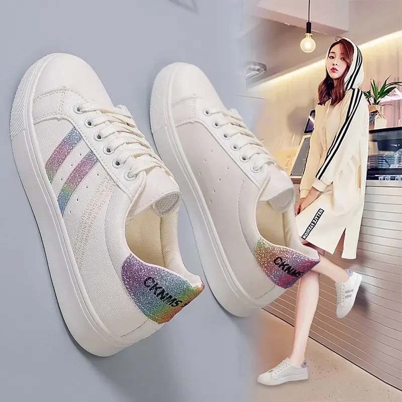 Spring Autumn New Anti-Slip Casual Shallow White Shoes Women Flat Bottom One-Legged Versatile Sports Leather Student Board Shoes