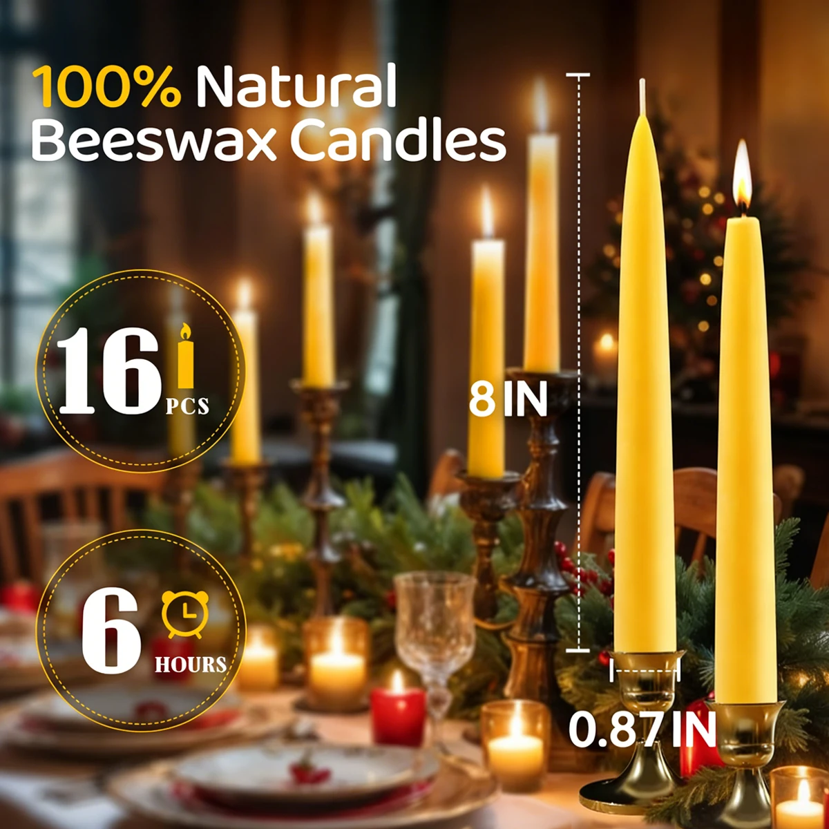 8/16PCS Beeswax Taper Candles 8 in Dripless Pure Beeswax Candle Sticks 6 Hours Long Burning Unscented Smokeless Tapered Candles