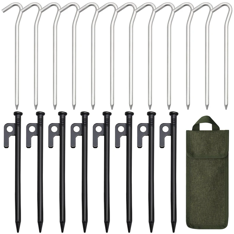 8Pcs Steel Tent Stakes + 12Pcs Aluminum Tent Stakes Kit Tent Stakes, With Storage Bag, Tent Pegs For Camping, Canopy