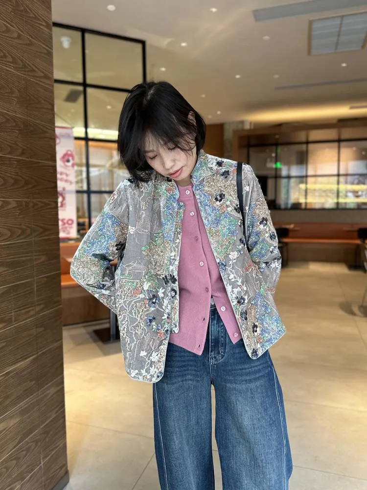 

Ele Heavy Embroidery Silk Velvet Stand Collar Retro Button New Chinese Sle Outerwear Women's Faion Traditional Costume