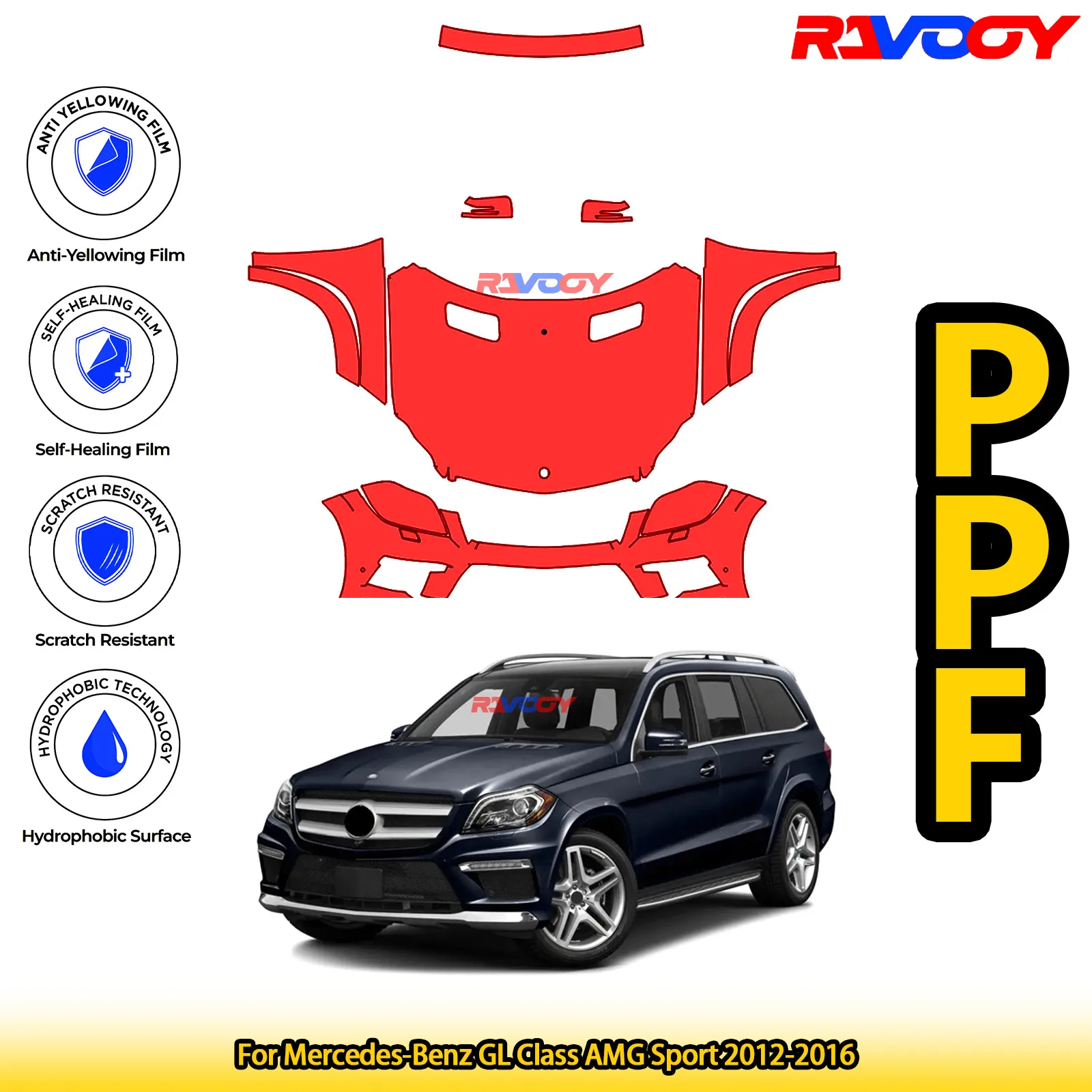 

For Mercedes-Benz GL Class AMG Sport 2012-2016 Glossy Matte Black Precut front PPF Kit Paint Protection Film