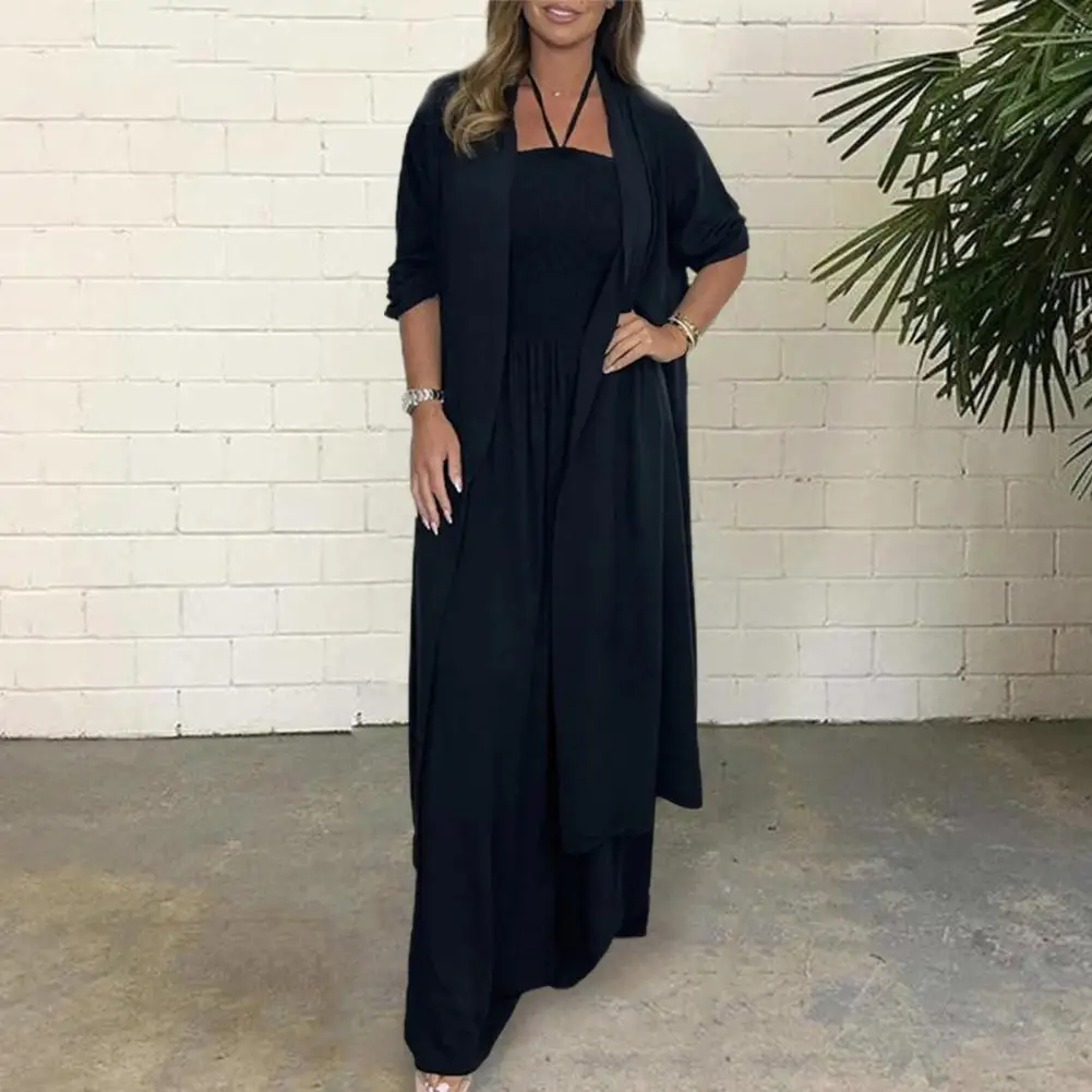 

Jumpsuit Coat Set Stylish Summer Women's Suit Set with Halter Neck Jumpsuit Pleated Wide Leg Pants Long Sleeve Cardigan for A
