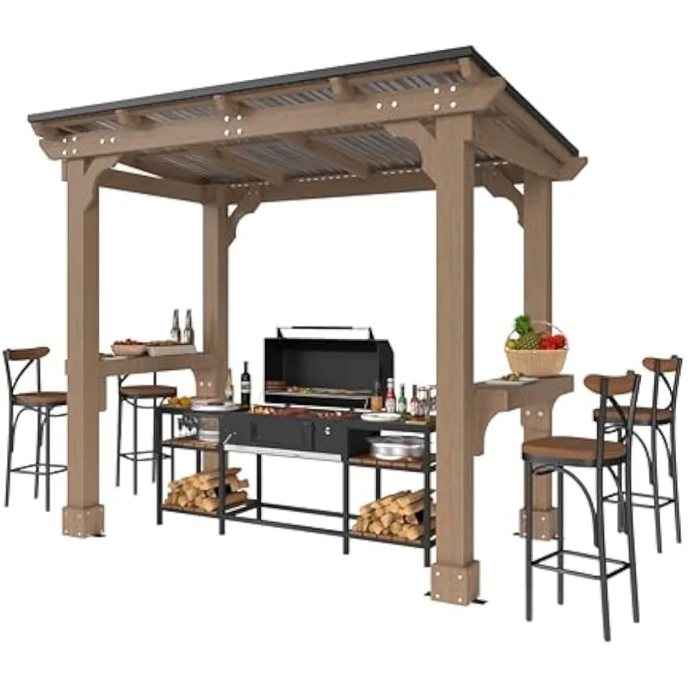 

8' x 5' Wooden Grill Gazebo with Sloping Metal Roof, Hard Top Grill Gazebo with 2 Side Shelves, Suitable for Full-Size Grill, B