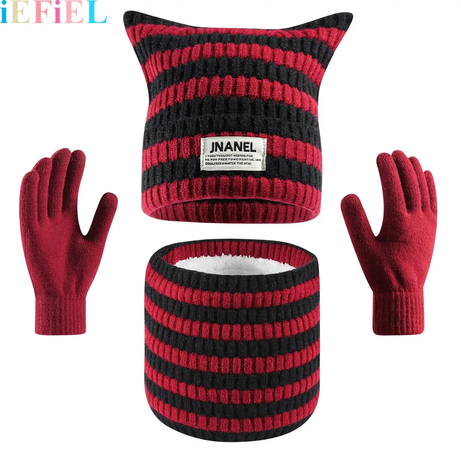 

3Pcs Cat Ear Soft Knit Beanie Cap with Gloves And Scarf Warm Accessories for Cold Weather Outdoor Activities Clothing