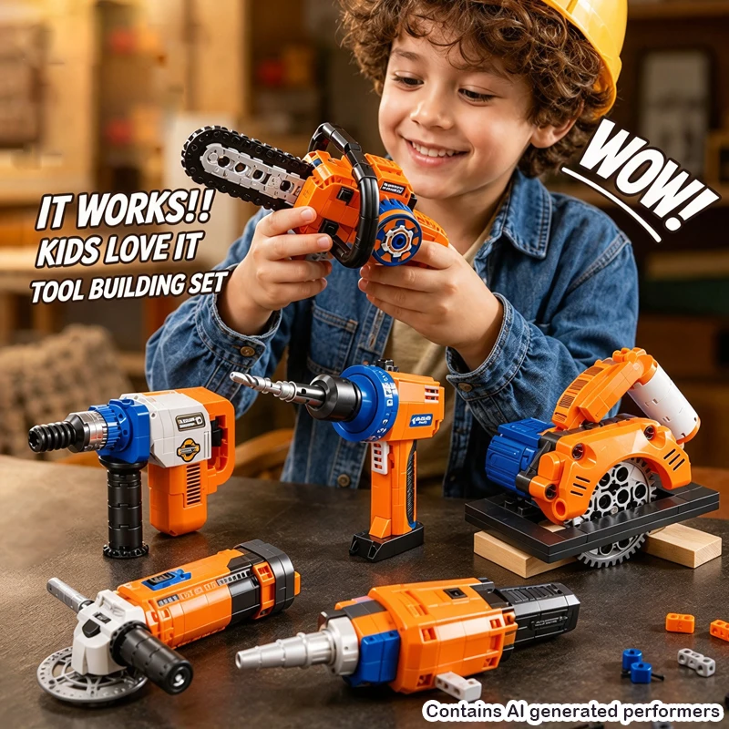 Pretend Play Mini Tool Set Building Blocks DIY Nail Gun Chainsaw Angle Grinder Circular Saw Educational Toy Boys Birthday Gift
