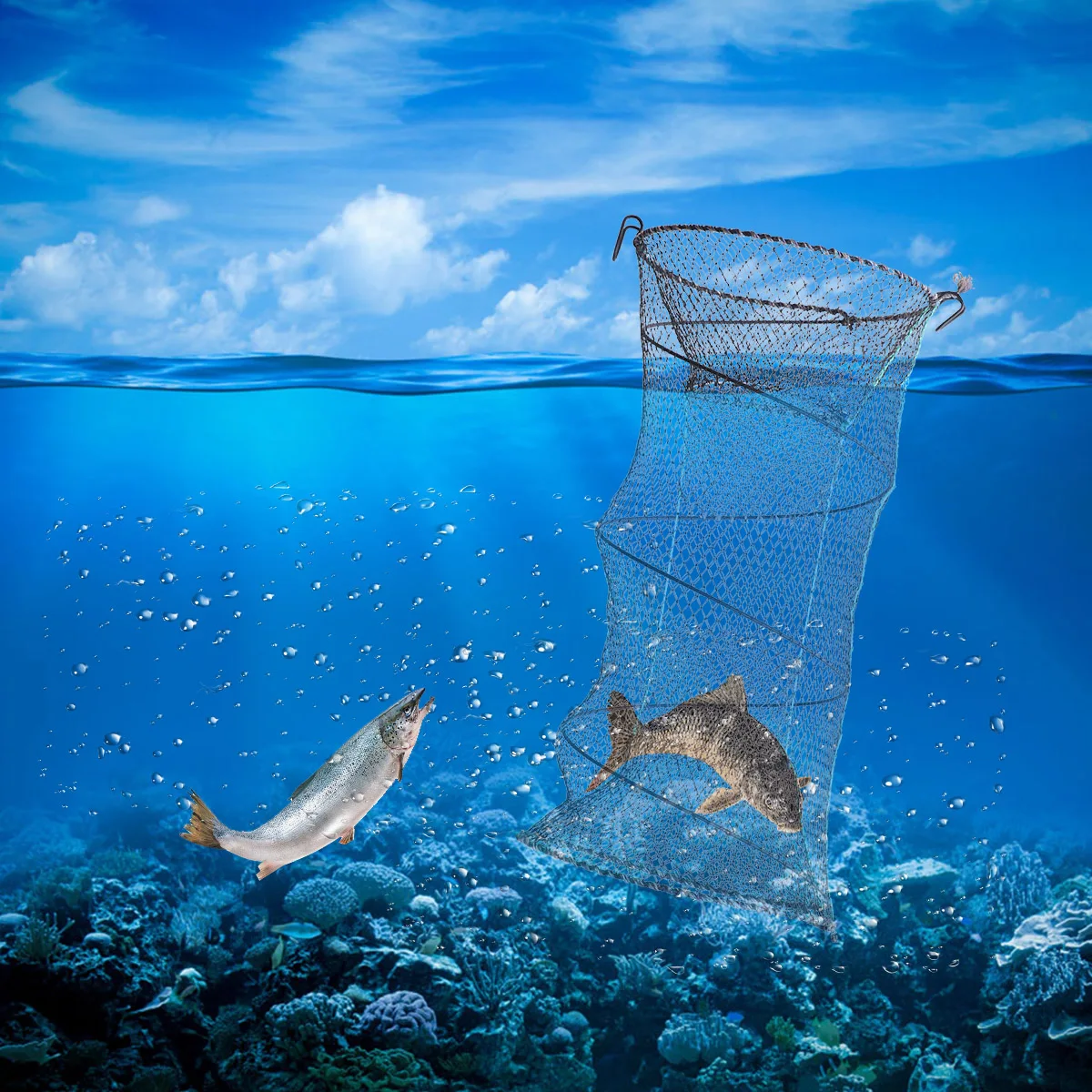 

30X60Cm Foldable Fishing Shrimp Trap Mesh Portable Bait Cage Saltwater Freshwater Triple Layer Lightweight Net For
