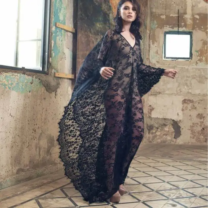 Sexy Lace See-tough Long Dr Loose Beachwear Sun Protection Clothing Cover-up V-ne Street Sle Summer Dr