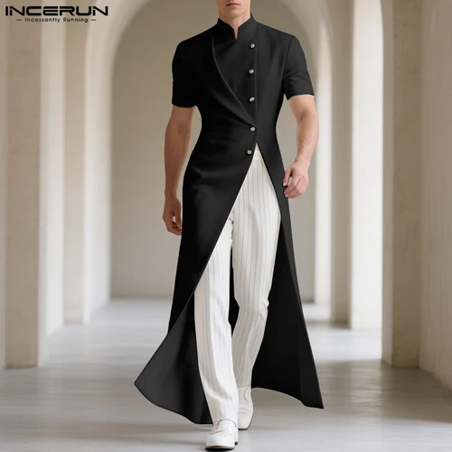 INCERUN, chaqueta de estilo largo para hombre, cuello levantado, manga corta, trajes masculinos elegantes, ropa de calle, abrigos finos informales a la moda con botones 2025 para hombre