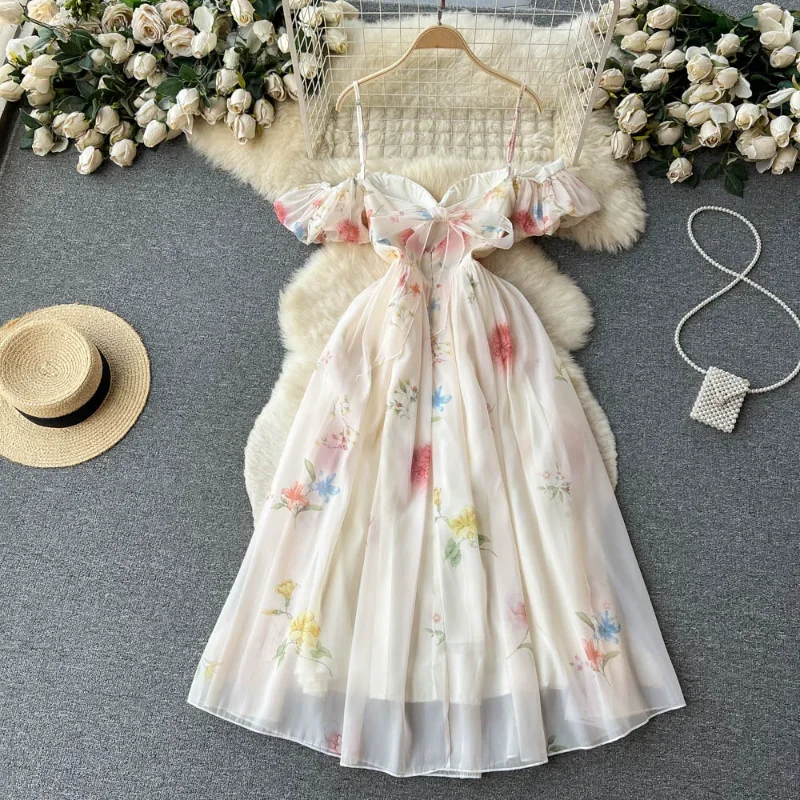 

Off The Shoulder Sexy Strap Dress Summer Strapless Corset Maxi Sundress New Ladies Backless Bow Sweet Print Long Dresses Y2k 원피스