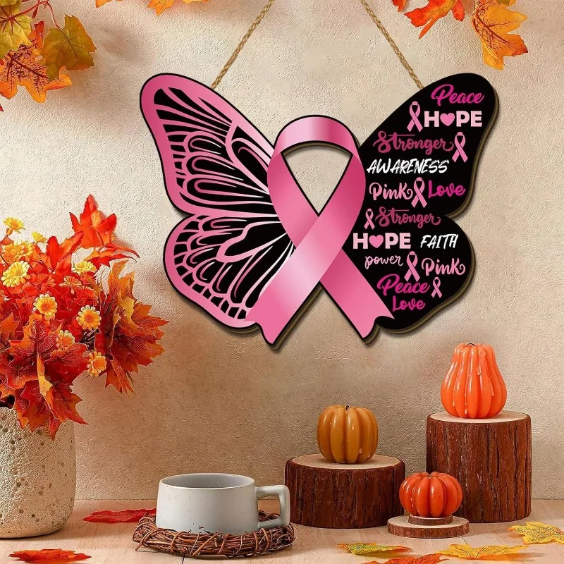 Decoración de puerta con cinta para cáncer de mama personalizable: placa de madera de concientización sobre el hogar, el lugar de trabajo y los acontecimientos de recauchutado de fondos
