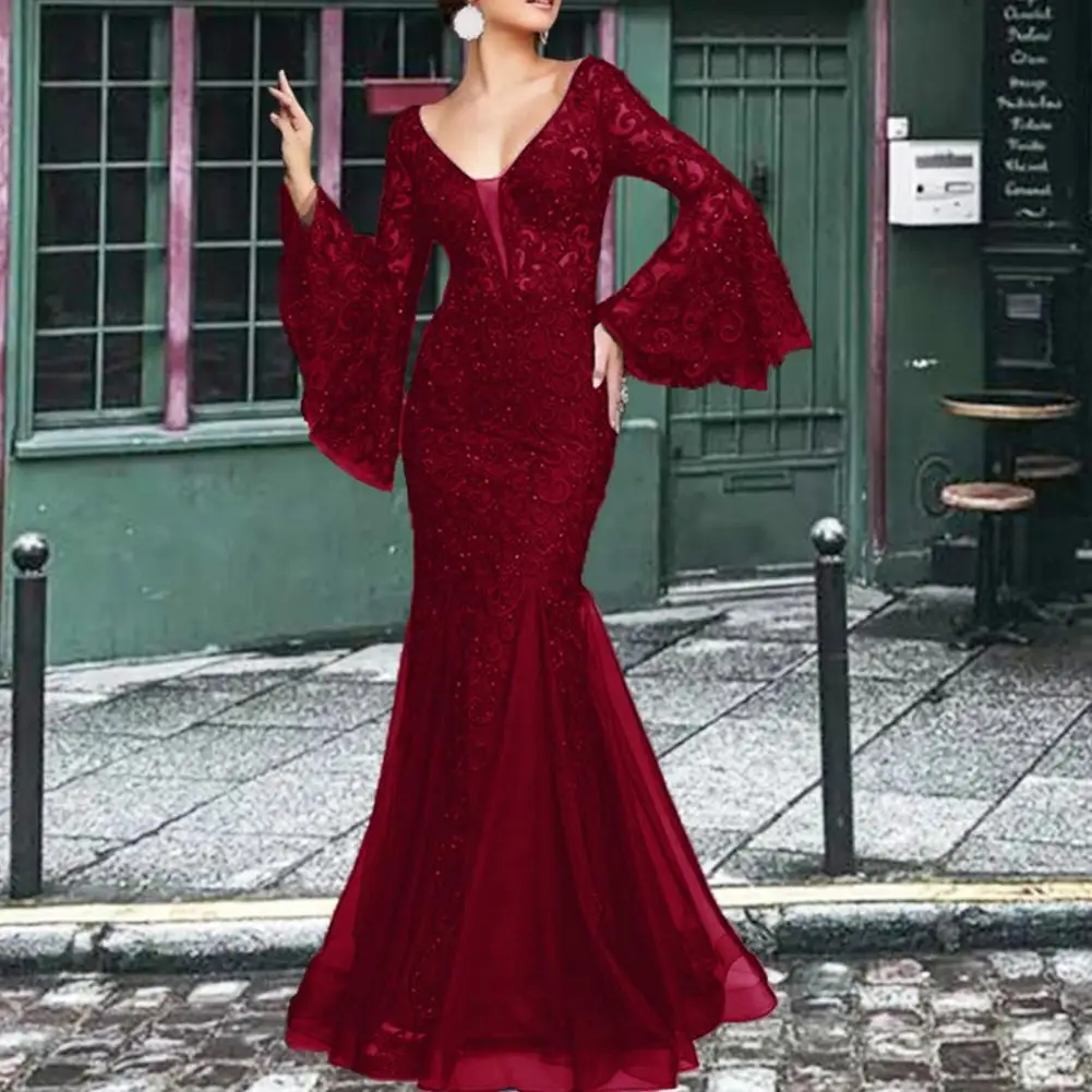 

Women Evening Dress See-through Lace Embroidery Flared Sleeves Ball Gown A-line Fishtail Hem Slim Fit Cocktail Maxi Dress