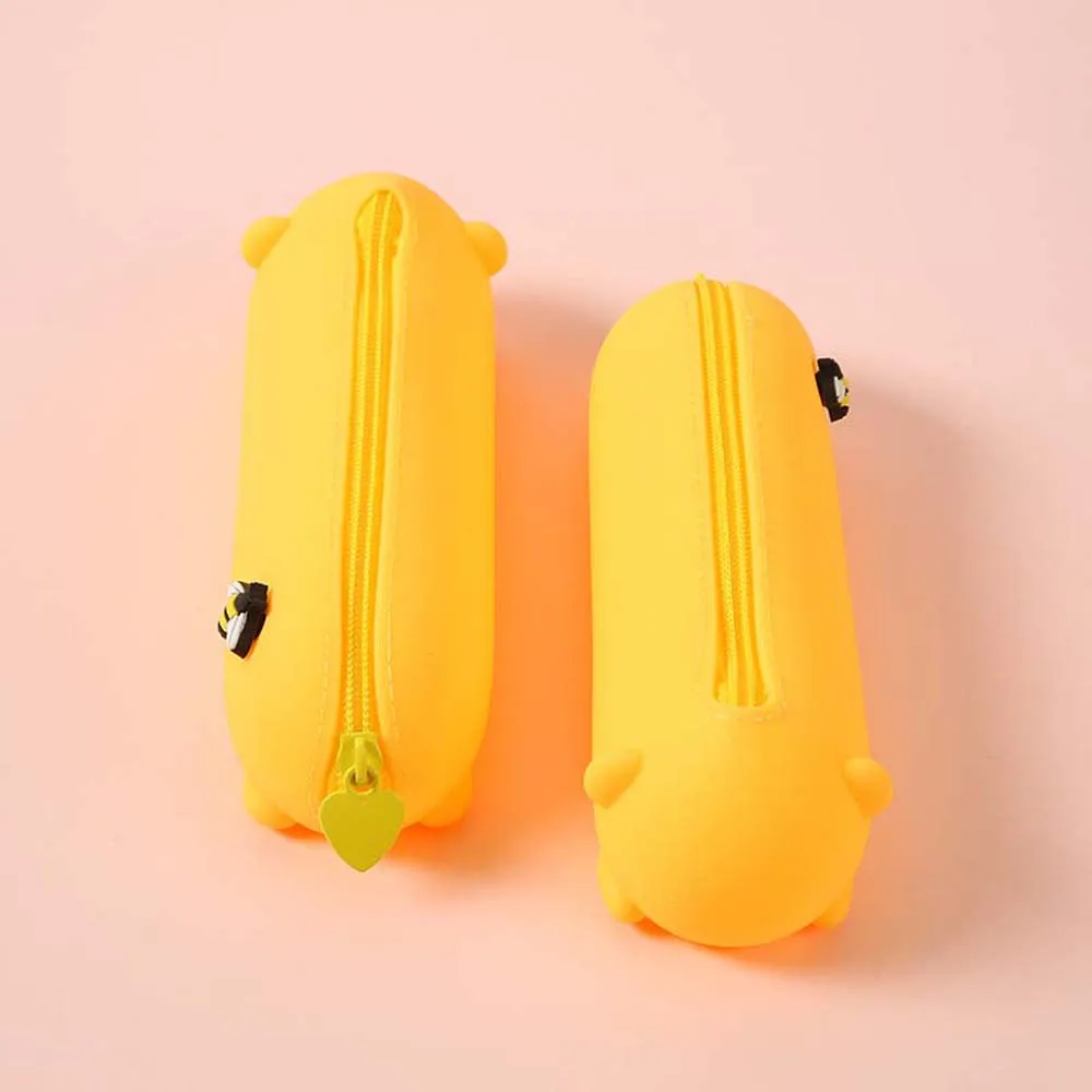 Waterproof Cartoon Silicone Pencil Case Washable Large Capacity Soft Pencil Pouch Little Bee Bow Cactus Stationery Storage Bag