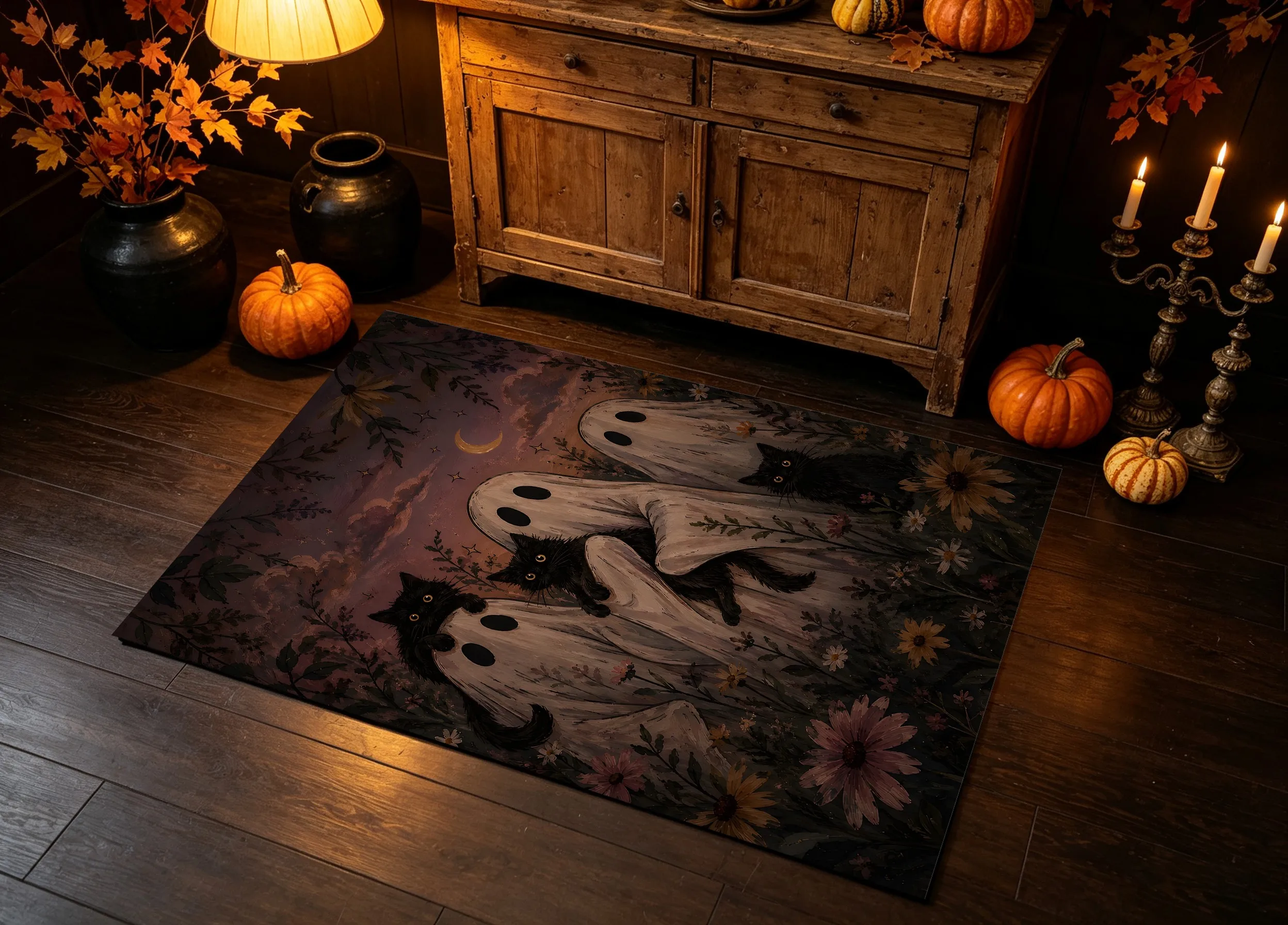 Velvet Rug Ghostly Black Cat Twilight Flower Crescent Retro Dark Style for Entryway Bedroom Bedside Decor