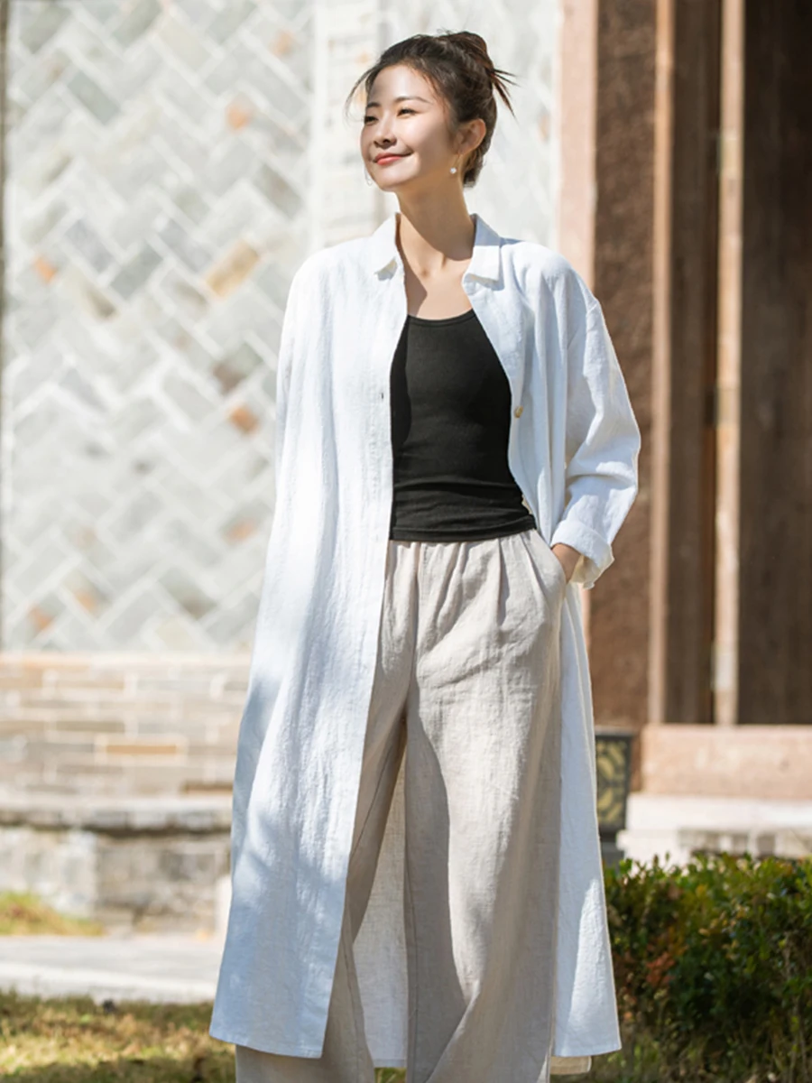 Original Cotton Linen Long Coat with Large Collar Thick Retro Style Women's Outerwear Straight Cut Shirt Style Open Cardigan ...