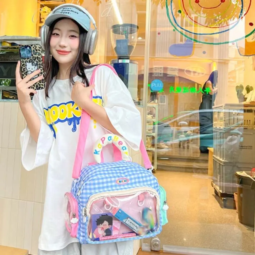 Zipper Bag Blue Plaid Itabag Dual Purpose Korean Style Transparent Pocket PU Idol Merchandise Storage Fashion Backpacks Children