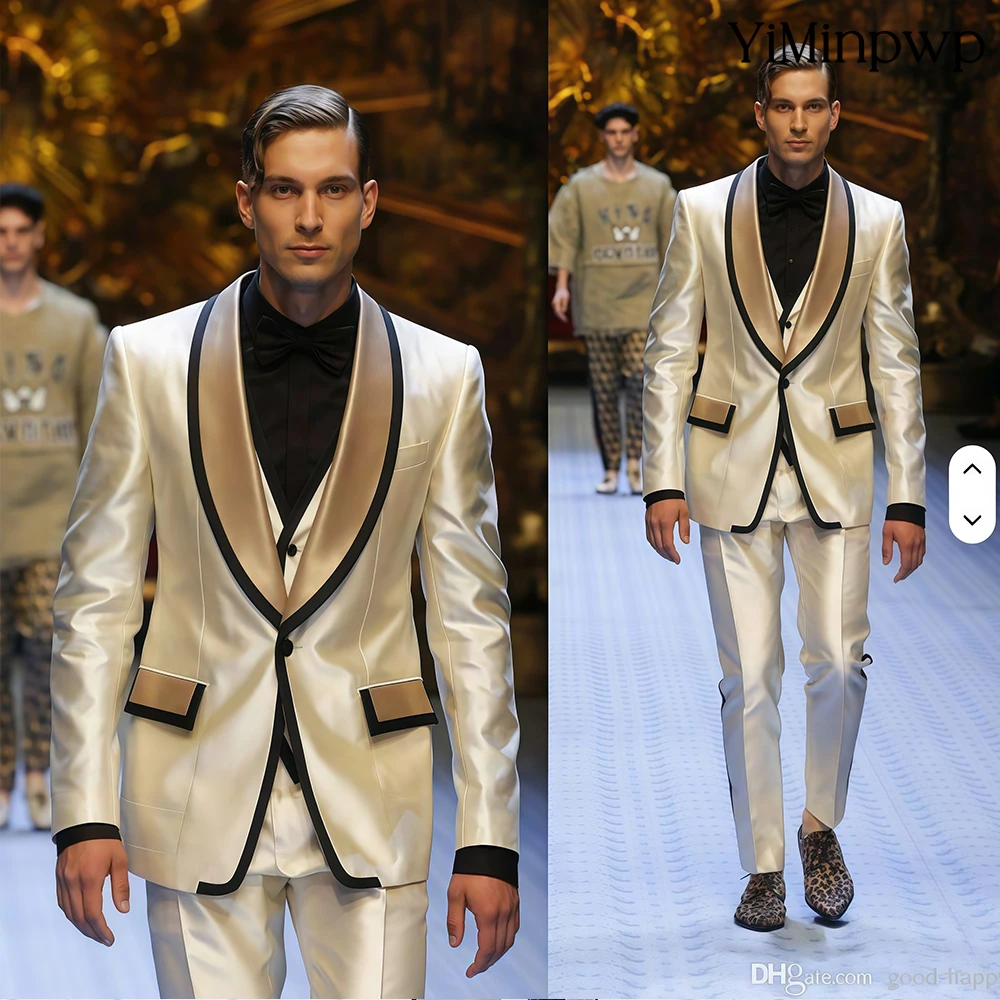 

YiMinpwp Sliver Men's Suits Wedding Suit Satin 2 Pieces Peaked Lapel Slim Fit Party Prom Elegant Formal Wear Tuxedos Suit XS-5XL