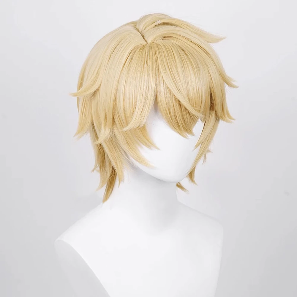 Synthetische blonde kurze gerade Perücke mit Pony Anime Spiel Cosplay flauschige Männer hitze beständige Perücke für Party – Detail 3