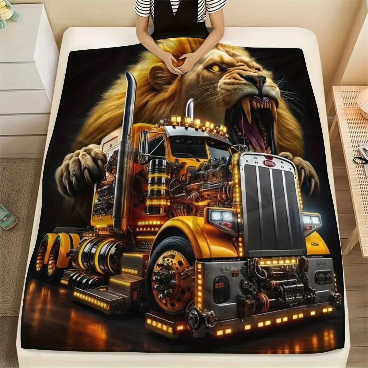Men's Lion & Semi-Truck Print Flannel Blanket - Heavy-Duty All-Season Soft Warm Throw for Bed, Couch, Camping - Truck Driver Gif