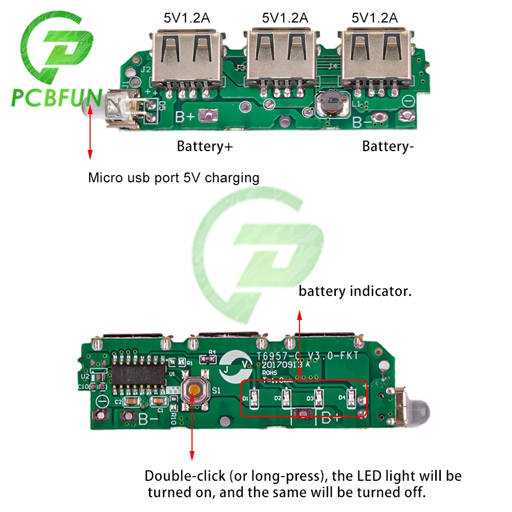 3 USB 18650 Lithium Battery Charging Module Power Bank Motherboard Step Up Boost Battery Charge Circuit Board 5V with LED Light