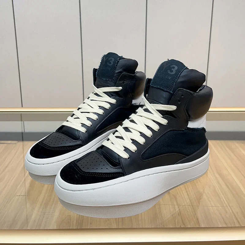 Handcrafted Men's Casual Sneakers Cow Leather High-top Shoes Man Platform Heighten Trainers Winter Ankle Boots Man Black Shoes