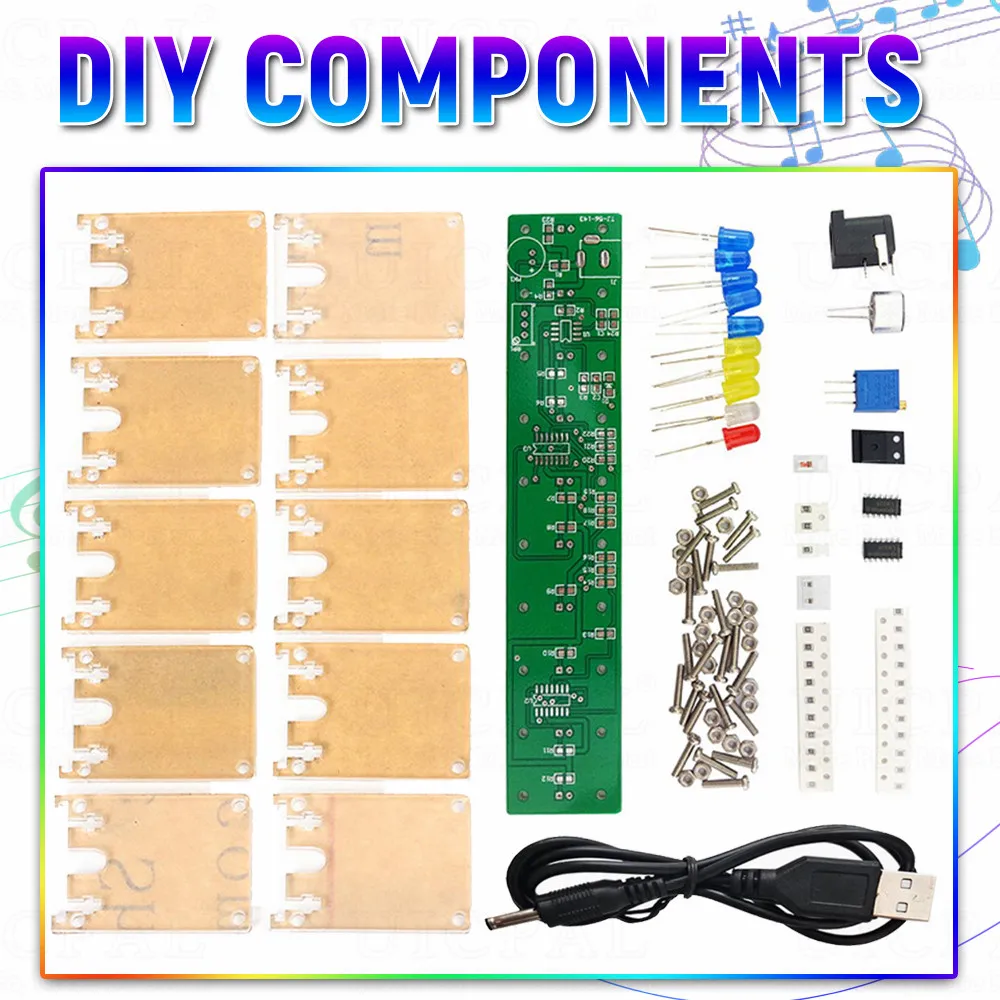 DIY Sound Control LED Music Spectrum Electronic Kit Crystal Column Audio Display PCB Soldering Practice Kit DC5-12V LM339 LM358