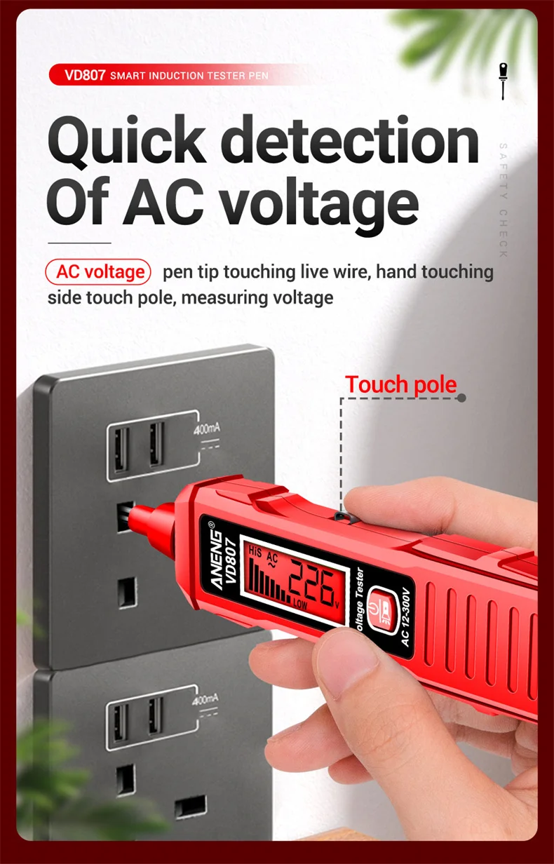 ANENG VD807 NCV Berührungsloser Spannungstester 12-300V mit Ton- und Lichtalarm, Prüfgerät für die Erkennung von Stromführenden und neutralen Leitungen sowie von Unterbrechungen, Elektriker-Testwerkzeug – Detail 6