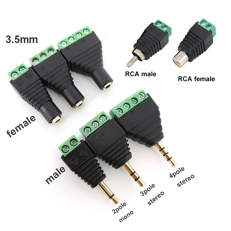 RCA macho e fêmea conector, fone de ouvido Audio Jack, Terminal adaptador, Mono canal estéreo, parafuso plug, A7, 2 Pólo, 3 Pólo, 4 Pólo, 3.5mm