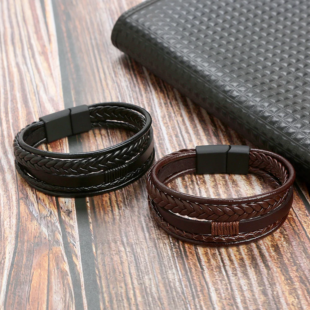 New Matte Magnet Buckle Bracelet Creative Multilayer Men Cowhide Bracelet Braided Leather Bracelet BR1143