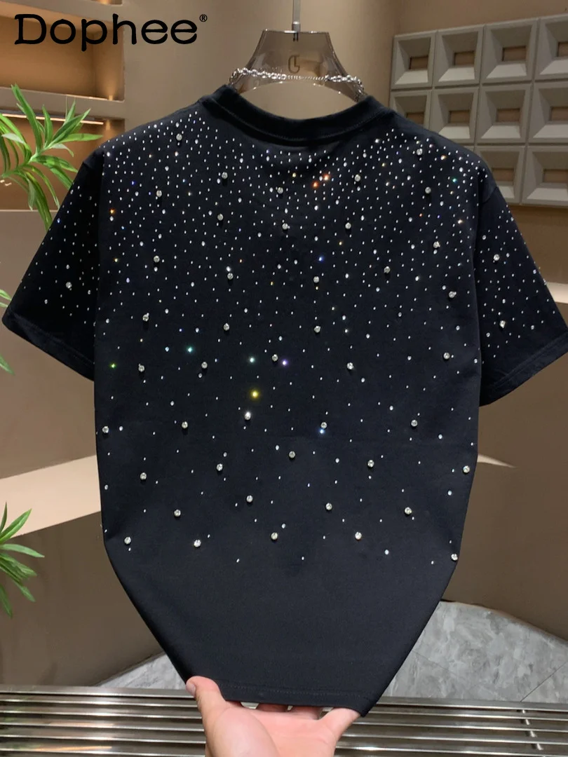 

Fashion Trend High-End Heavy Rhinestone Casual Round Neck Short Sleeve Stylish Men's Summer Fashion Versatile Half Sleeve Top