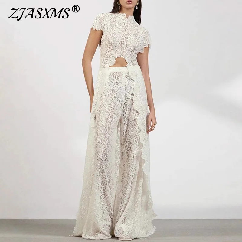 Sexy Embroidery Lace Hollow Out Jacquard Dress Woman Turtlencek Front Split Party Dress Summer Short Sleeve Crochet Long Dresses