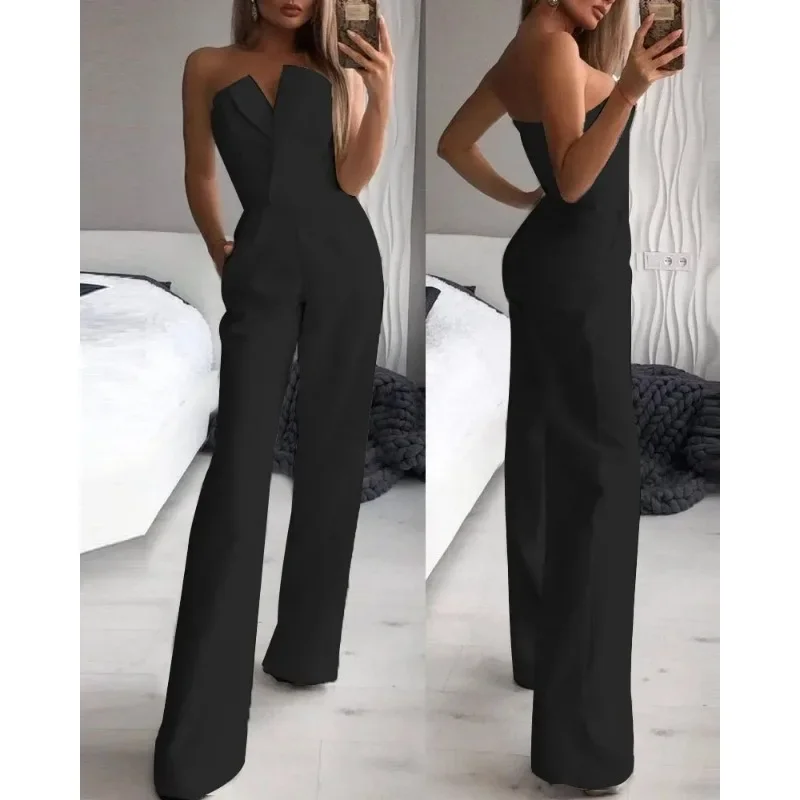 2024 Summer Long Rompers Women Jumpsuit Elegant Strapless Summer Sleeveless Wide Leg Club Party Outfits Work White Overalls