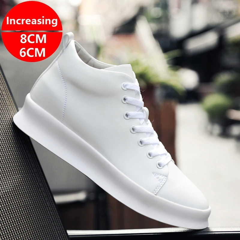 Mid Cut Casual Sneakers Men Elevator Shoes 6cm 8cm Leather White Skate Board Shoes For Man Height Increase Taller Lifting Shoe