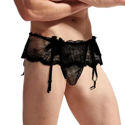 Men's Sexy Bikini Hombre Lingerie Lace Sheer Underwear See-through Temptation Thong Briefs Sissy Gay Pouch Panties Garter Belt